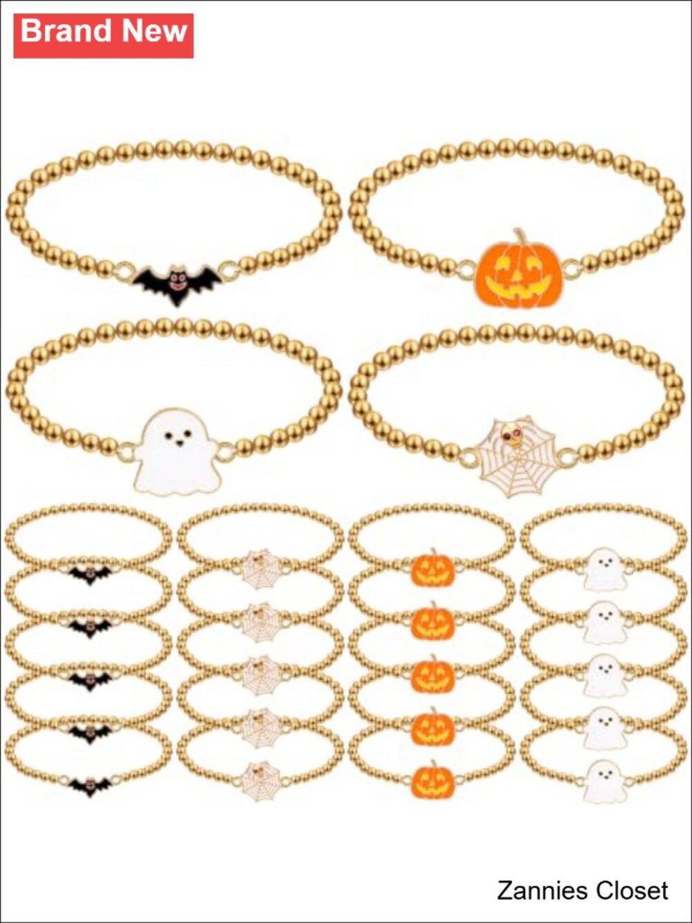 👻 24 Pcs Halloween Bracelets Gold Beaded Stretch Pumpkin Ghost Bat Spider Set
